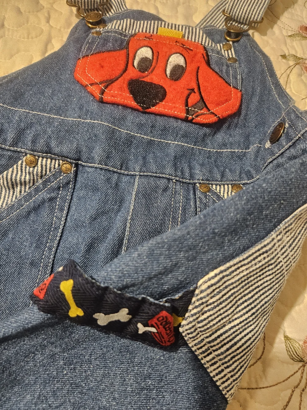 Vintage Clifford Denim Kids Overalls Shorts - Blue with Red Dog Patch Y2K